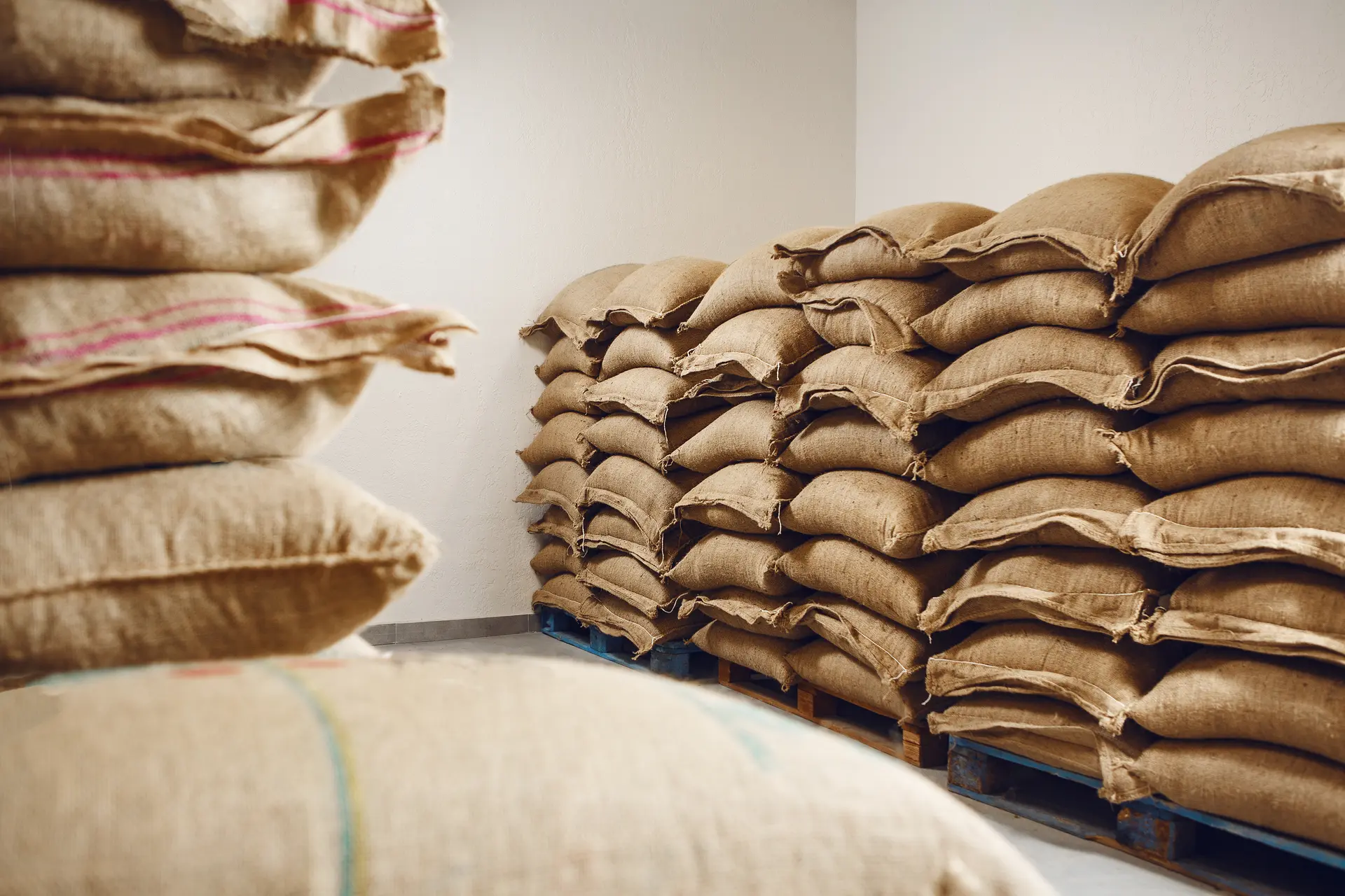 Neatly stacked jute sacks in a warehouse, ready for shipment